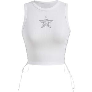SOLY HUX Women's Tank Tops Y2K Summer Going Out Crop Top Concert Outfits | Sleeveless Lace Up Star Shirt, Sparkly Rave Top, Festival Outfits, Grunge Clothes (White, S)