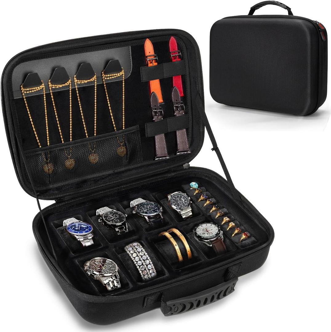 Travel Jewelry Box Watch Case, 8 Slots Watch Organizer for Men Women, Hard Storage Bag with 10 Ring Holders, 4 Necklace Hooks, 4 Watch Strap, Jewelry Bracelets Carrying Case with Soft Pillow