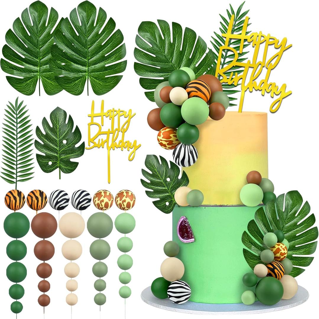 38pcs Jungle Safari Animal Cake Topper with Palm Leaves and Brown Green Khaki Decorative Balls for Jungle Safari Wild Themed Birthday Cake Decoration