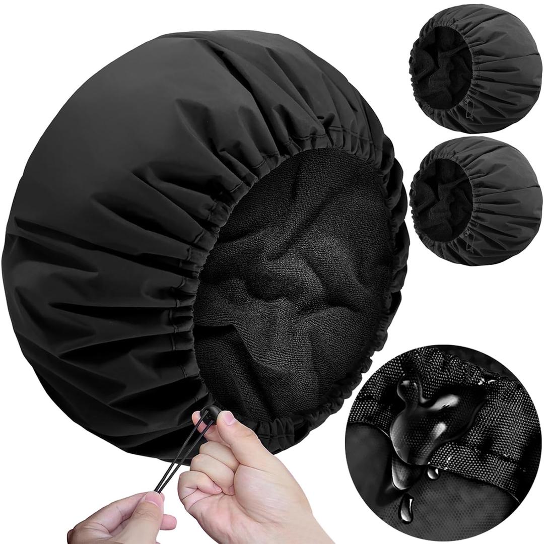 Sheomern 2 Pcs 13.5" Dual Waterproof Adjustable Terry Lined Shower Cap for Women Men, Large Shower Caps Reusable EVA Double Layer Bath Cap for Braids, Long Hair, Dreadlocks, Locs (Black)