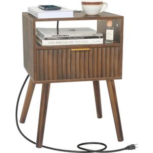 Mid Century Modern Nightstand with Charging Station, Fluted Bedside Table with Storage, Modern Side End Table with Solid Wood Legs for Bedroom, Dorm and Small Space (Rustic Brown)