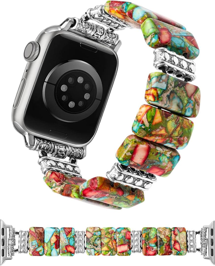 Moolia Natural Stone Bracelet Compatible with Apple Watch Band 38/40/41/42mm(Series 11/10) S: 5.4-5.6 Women, Handmade Elastic Beaded Western Strap for iWatch Series 11 10 9 8 7 6 5 4 3 2 1 SE1/2/3 Ultra1/2/3 (Colorful)