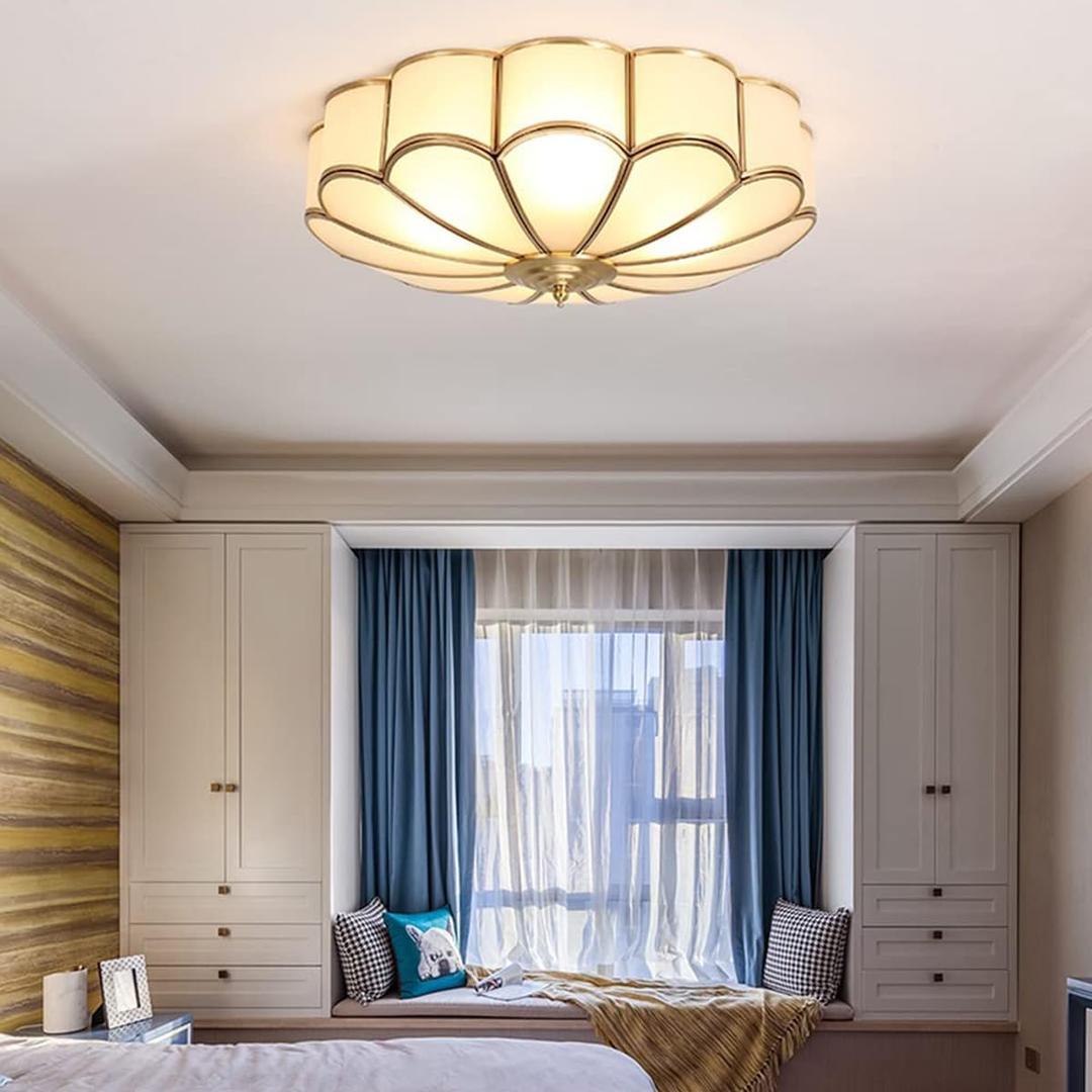 Mid Century Brass Flush Mount 4-Light LED Ceiling Lamp, Frosted Glass Shade Modern Light, Close to Ceiling Decorative for Bedroom Living Room (17.71" W) (Medium, Orchid Astyle)