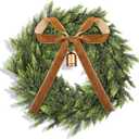 Dingion 20" Real Touch Christmas Cedar Wreath Artificial Cedar Wreaths for Front Door Winter Faux Green Fake Pine Cypress Wreath with Vintage Bow for Window Outdoor Indoor Wall Home Xmas Holiday Decor (Brown)