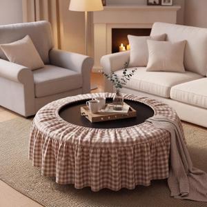 36 Inch Mini Trampoline Spring Cover Ruffled Plaid Trampoline Cover with Skirt Brown Gingham Round Skirt Easy to Install Replacement for Gym Boho Home Decor
