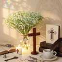 6 Sets Baptism Table Centerpiece Kit with Wood Cross, Mason Jar, Candles, Baby's Breath, Flax Rope, String Lights, Cross Cards and Accessories for Baptism First Communion Church Wedding