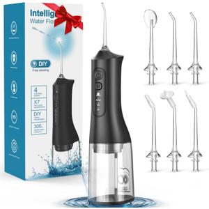 Water Flosser, Rechargeable 300ML IPX7 Waterproof Cordless Portable Oral Irrigator with 4 Modes & 6 Replaceable Jet Tips-Professional Flossing Cleaner for Daily Home Use, Travel, Gums, Braces Care, Black