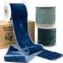 Blue Velvet Ribbon 2 Inch Wide Navy Blue, Dusty Green, Teal Ribbon, Thick, Frayed, Vintage Blue Silk Velvet Ribbons for Christmas, Gift Wrapping, Wedding, Invitations, Bridal Bouquet