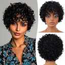 RUWISS Short Curly Human Hair Wig Kinky Curly Wigs for Black Women - Wear and Go Glueless Wigs Human Hair Bob Wig with bangs, FH-1535 Natural Black
