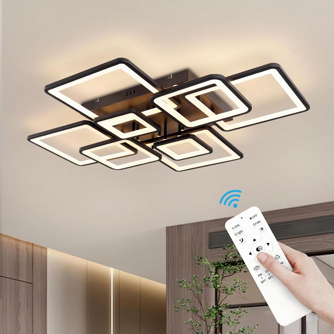 Modern LED Ceiling Light, Black Dimmable Flush Mount Ceiling Light with Remote Control, Acrylic Ceiling Lighting Fixture for Living Room Dining Room Kitchen Office Ceiling Lamp (Square)