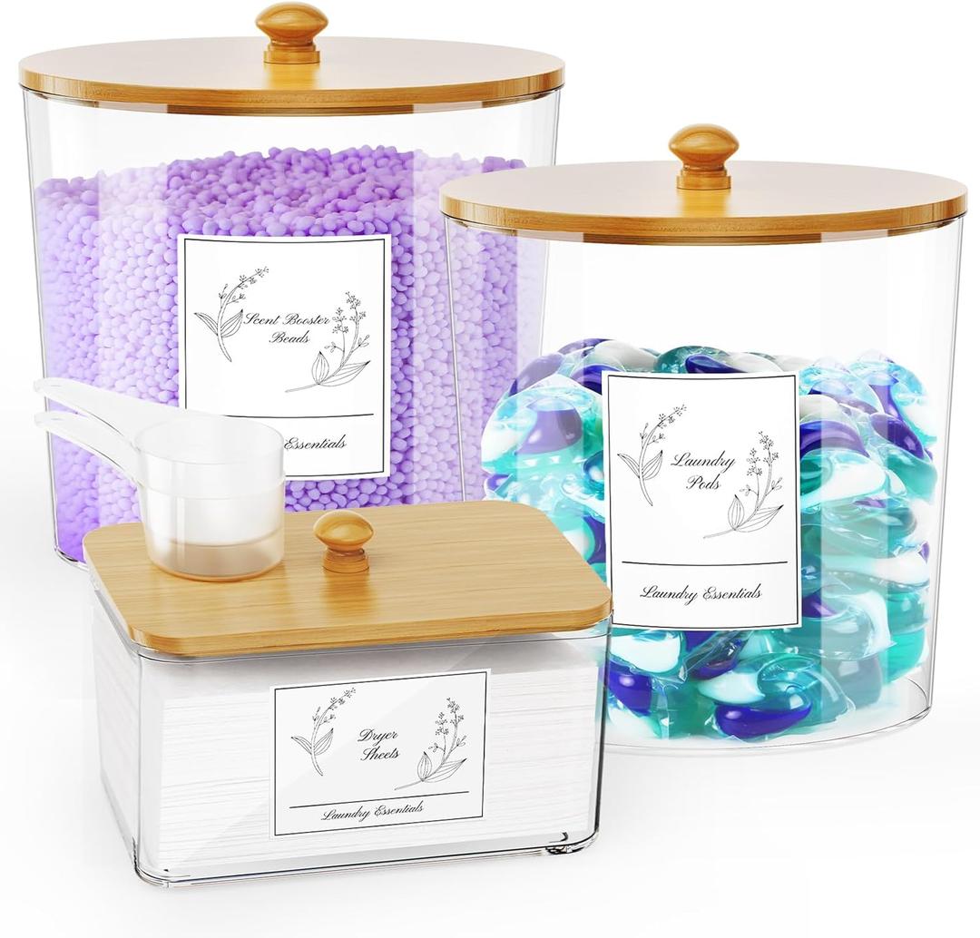 3 Pack Laundry Powder Container & Dryer Sheet Holder, Large Plastic Laundry Room Organization and Storage Jars with Lids, Labels & Scoops for Powder, Detergent, Scent Booster (Clear)