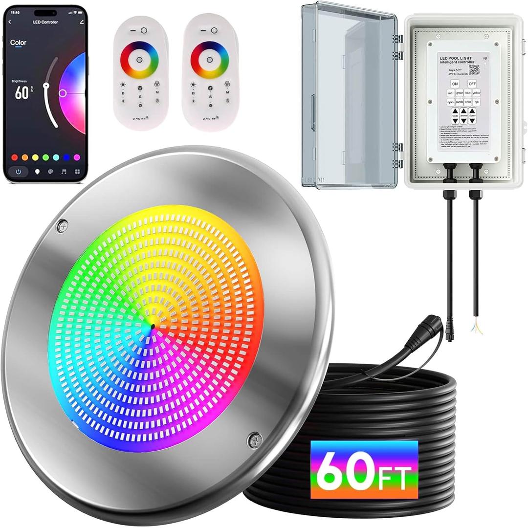 60W 10 Inch Smart LED Pool Lights for Inground Pool with 3 Way (WiFi Bluetooth APP/Remote/Controller), Multicolor Changing Underwater Swimming Pool Light for 10" Large Wet Niches - 60Ft