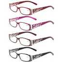 Kerecsen Reading Glasses 4 Pairs Ladies Readers Spring Hinge with Laser Pattern Eyeglasses for Women (4 Pack Mix Color, 3.00)