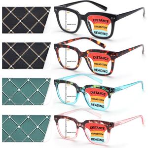 Progressive Multifocus Reading Glasses for Women Men Blue Light Blocking Spring Hinge Square Computer Readers (4 Pack Mixed C)