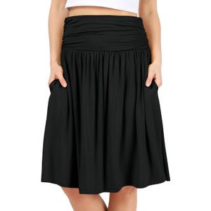 Simlu Skirts for Women Regular and Plus Size Skirt with Pockets Below The Knee Length Ruched Flowy Midi Skirt, Large