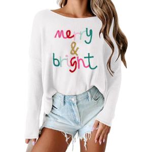 Christmas Sweater for Women Merry and Bright Sweatshirt Funny Holiday Knitted Pullover Long Sleeve Xmas 2025 Trendy (Large, White)