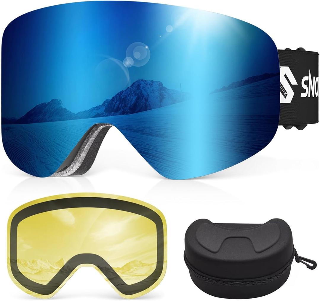 Ski Goggles, Frameless Snowboard Goggles with 2 UV400 Magnet Ski Lenses for Men & Women (Blue(vlt 16.3%) + Yellow(vlt 83%))