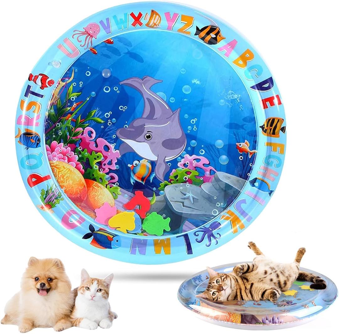 Vingtank Cat Water Bed, 2025 New Thickened Cat Water Sensory Play Mat, Anti-Scratch Design Pet Water Mat Cooling with Fish Durable Leak Proof for Kittens Puppies