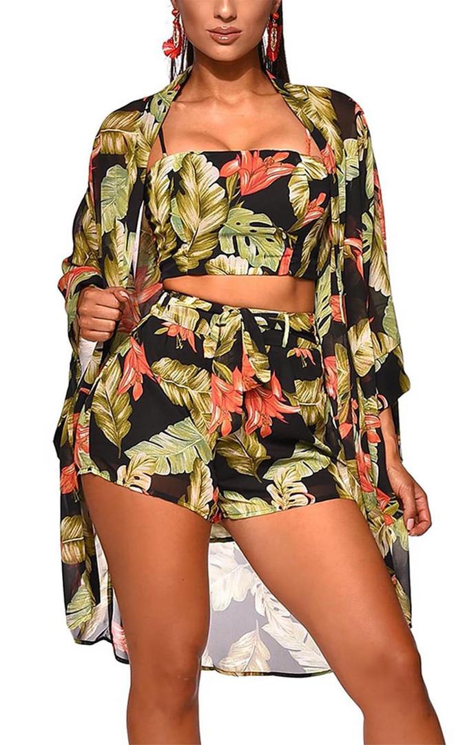 KEYUFANG Women 3 Piece Vocation Outfits Summer Suit Floral Kimono Cardigans Beach Cover Up Crop Cami Top Short Set XL
