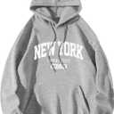 ORANDESIGNE Letter Graphic Print Hoodies for Women Oversized Long Sleeve Casual Drawstring Fall Pullover Sweatshirt Tops (Large, New York Light Grey)