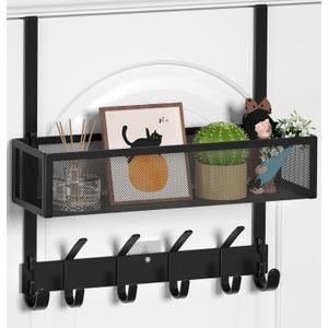 Over The Door Hooks Organizer, Over The Door Towel Rack with Mesh Basket, 10 Coat Hooks and 2 Wreath Hangers, Bathroom Door Organizer Back of Door Hanger for Bedroom, Kitchen(Black)