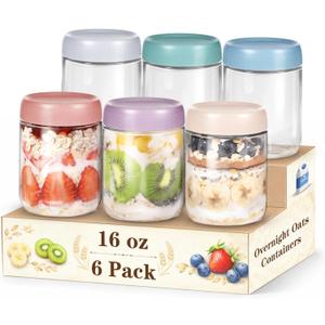 6 Pack Overnight Oats Containers with Lids, 16oz Wide Mouth Mason Jars, Suger Bowls, Glass Food Containers with Airtight Lids for Overnight Oats Jars for Yogurt, Meal Prep, Chia Pudding (Mixed Color)