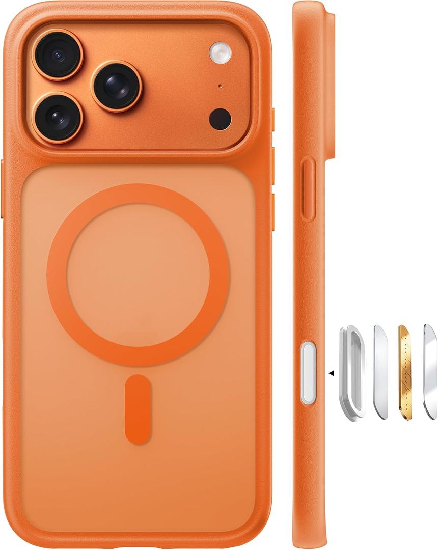TORRAS Magnetic Shockproof for iPhone 17 Pro Case, Compatible with MagSafe, Military-Grade Drop Protection, Camera Control, DIY Button, Slim Translucent Phone Case for iPhone 17 Pro, Orange and Clear