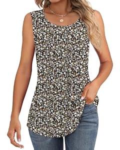 Ficerd Women's Tank Tops Sleeveless Tunic Pleated Crew Neck Blouses Summer Dressy Casual Loose Spring T Shirts(XX-Large,Floral Black)