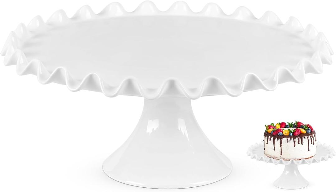 12 Inch Porcelain Cake Stand, Round White Cake Stand, Dessert Stand Cupcake Stand Display Dessert Stand for Parties, Wedding, Birthday, Baby Shower, Ruffle Trim