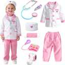 Lehoo Castle Doctor Costume for Kids, Doctor Dress Up and Play Set 8 PCS with Stethoscope, Role Play Costume for Toddlers 4-6 (Pink)
