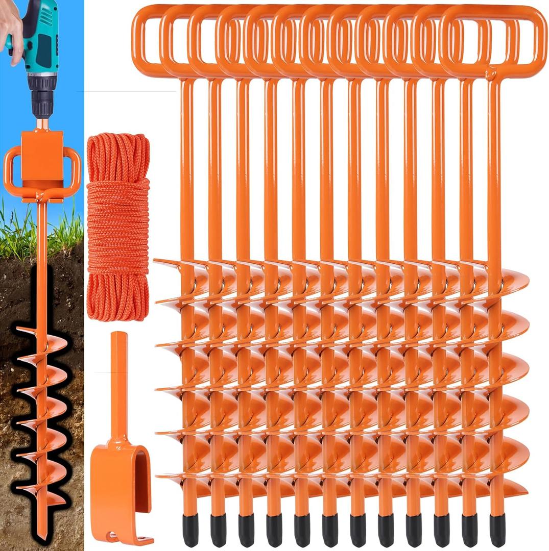 2025 Heavy Duty Ground Anchors Screw in - Tent Stakes Heavy Duty, Orange Spiral Stakes for Trampoline, Camping & Hard Ground, Mobile Home Anchors (12PCS,15in)