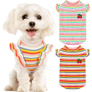 XGDMEIL 2 Pack Cute Striped Small Dog T Shirts Soft Cotton Girl Dog Clothes Breathable Pet Puppy Cats Vest Spring Summer Pet OutfitsPink+Orange,Medium