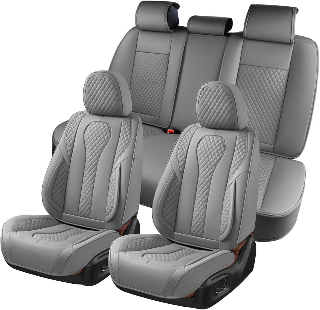 KEYOOG Car Seat Covers Full Set, 5-Seater Waterproof and Breathable Nappa Leather, Fit for Front and Rear Seats of Cars, Compatible with Airbags, Car Seat Protector Covers for Most Cars - Grey