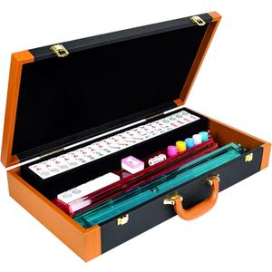 Mahjong Set, American Mahjong Set, 166 White Engraved Mah Jong Tiles Game Set, with Premium Carrying Case, with 4 Racks with Pushers, Betting Coins, Dice, Manual, Mah Jong Set Gifts