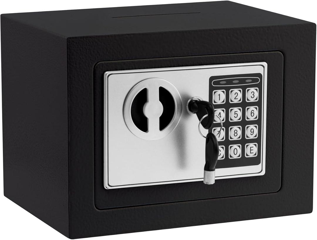 Goldenkey Small Safe Box With Digital Keypad & Keys - 9.05 x 6.7 x 6.7 Inches Wall Safe 0.23 Cuft Mini Security Box for Coin Home Office Hotel Rooms Business Jewelry Gun (Black)