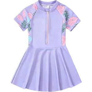 Kids-Girls One-Piece Swimsuit-Skirted UPF 50+ Short-Sleeve Zip-Up Bathing Suit Swim-Dress Toddler Summer Swimwear (120, Purple)