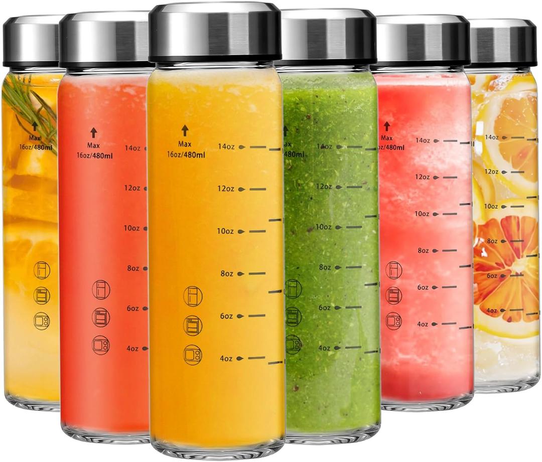 16oz Glass Juice Bottles - 6 Pack Wide Mouth Glass Bottles with Lids- BPA Free, Stainless Steel Lids for Juicing, Smoothies, Infused Water, Beverage Storage - Leakproof, Borosilicate, Clear