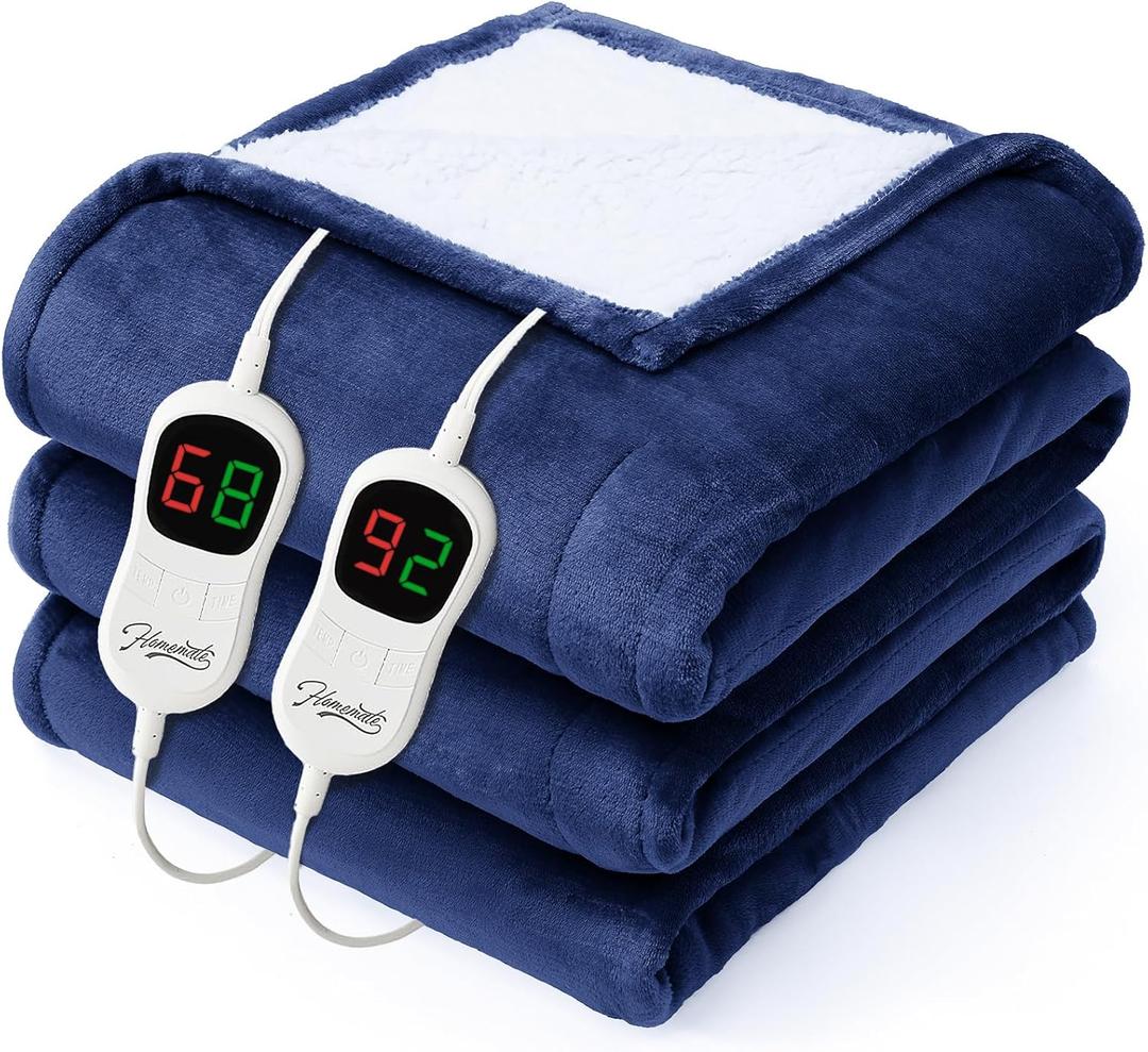 Homemate Electric Heated Blanket Queen  84"x90" Heating Bed Blankets Throw with 10 Heating Levels 8 Hours Auto Off Fast Heating OverHeated Protection Ultra Soft Warm Flannel ETL Certified Navy Blue