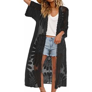 CHICGAL Womens Swimsuit Coverup Lace Bathing Suit Cover Up Beach Kimonos Long Cardigan Open Front Swimwear 2026 (Black). M Size