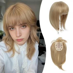 Ms Taj 12 Inch Hair Topper with Bangs, 360 Cover Synthetic Clip in Bangs, 4"x5" Bangs Natural Straight Fiber Hair Toppers for Women, Breathable & Comfortable for Daily Wear(Champagne Blonde)
