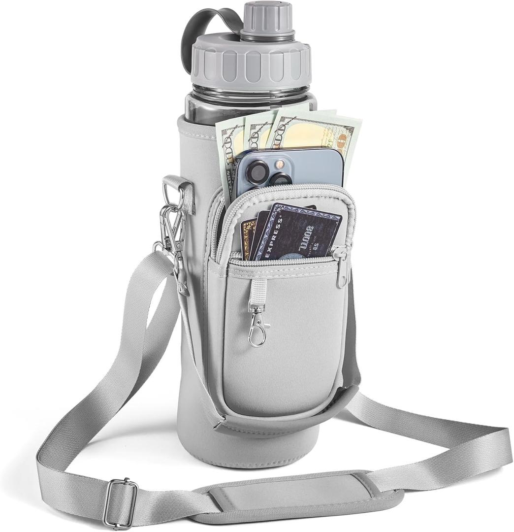 Water Bottle Holder with Strap,Water Bottle Bag,32/40 oz Large Capacity,Adjustable Shoulder Hand Strap,2 Phone Pocket Water Bottle Holder,Water Bottle Accessories for Camping Running Walking (Grey)