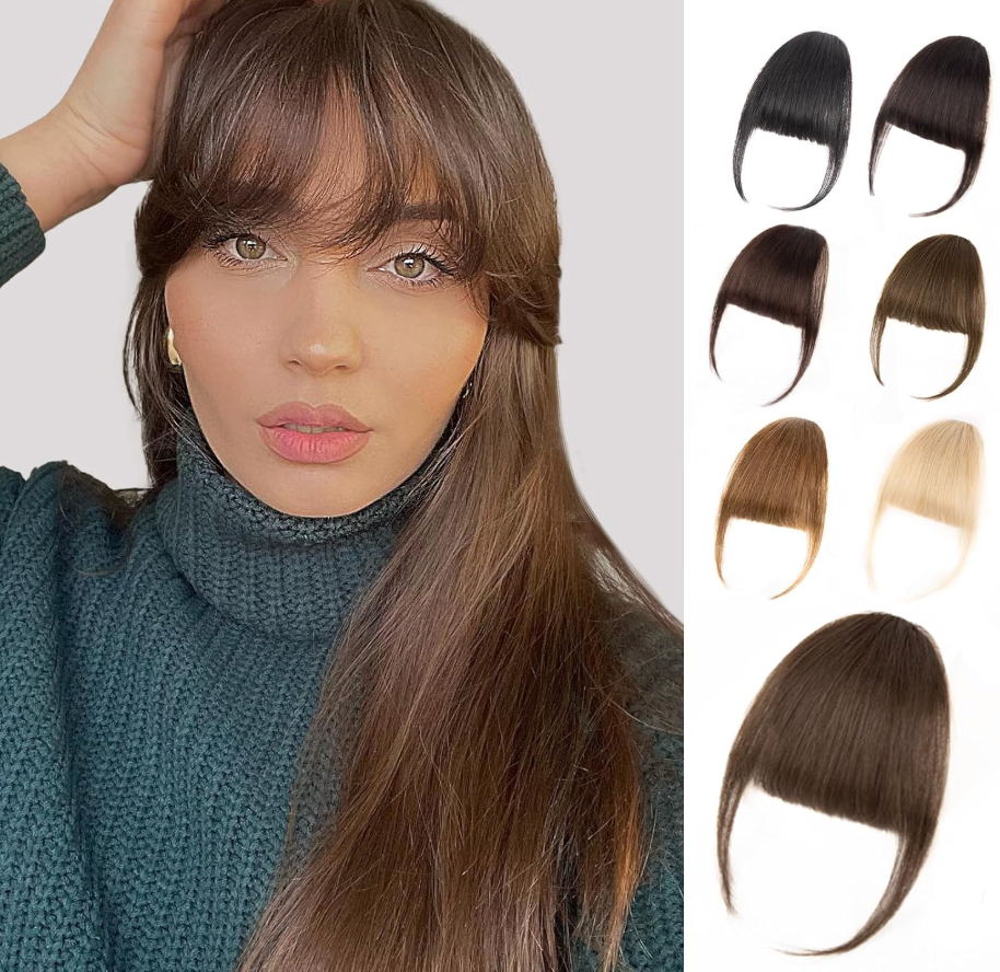 Bangs Hair Clip  Brown Clip in Bangs Real Human Hair, Fake Bangs Fringe with Temples Wispy Bangs Hair Extensions for Women Daily Wear