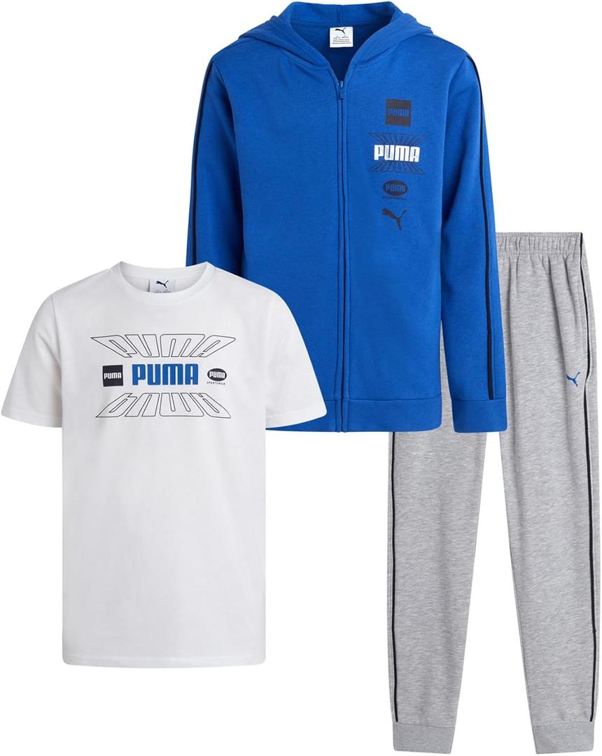PUMA Boys Sweat Suit Set - 3 Piece Zip Up Hoodie, Graphic Tee and Athletic Fleece Jogger Sweatpants For Boys Set (8-16) (Blue/White/Grey)