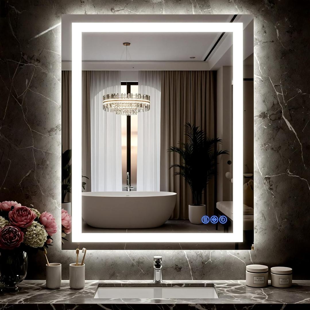 LED Bathroom Mirror with Lights 24"x32", Wall-Mounted Vanity Mirrors Front & Backlit Separate Light Control Stepless Dimmable Anti-Fog Memory 3 Color Temperatures Shatter-Proof Tempered Glass