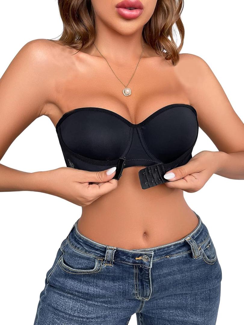 Floerns Women's Unpadded Front Closure Half Cup Push Up Strapless Bra, Large, Black 