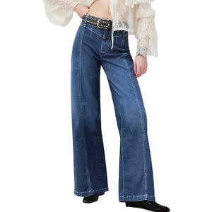 Womens Wide Leg Jeans Mid High Waisted Baggy Straight Leg Stretchy Denim Pants Seamed Long Trousers (Blue)