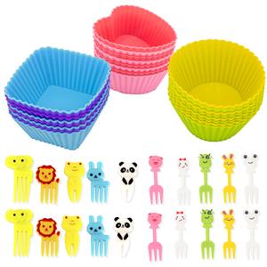 Reusable Thickened Silicone Cupcake Liners 44 Pcs Set,2.75 inch Non-Stick Muffin Baking Cups in Square, Heart, and Circle Shapes,Bento Lunch Box Dividers Accessories (24 Cake Cup and 20 Food Picks)