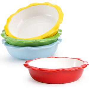Lawei 4 Pack Ceramic Pie Pans, 6.5 inch Mini Pie Dish, 12 Oz Individual Pie Plate for Dessert Kitchen, Round Baking Dish Pan with Ruffled Edge for Dinner, Dishwasher & Microwave & Oven Safe