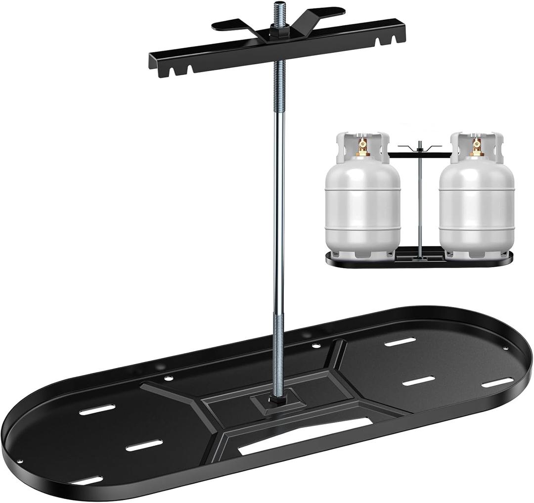 Skyflame Steel RV Dual Propane Tank Mounting Rack for 20 lbs Cylinders, Double Gas Hitch Frame for RVs, Camping and Trailers