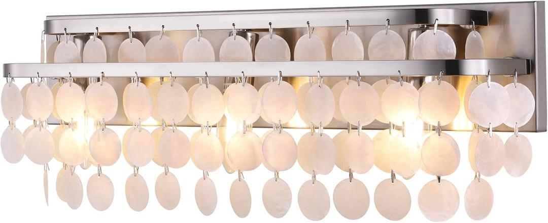 TOCHIC Bathroom Vanity Light with Natural Capiz Shell Shade, Brushed Nickel Coastal 3 Lights Vanity Light, Modern Wall Mount Lighting Fixture for Mirror Cabinets, Powder Room, Bedroom Living Room 23W